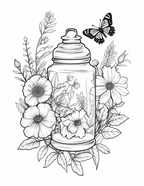 Black and white illustration of a spray bottle with flowers and a butterfly.