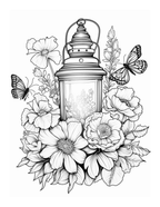 Black and white illustration of a lantern surrounded by flowers and butterflies on a white background