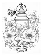Black and white illustration of a lantern with flowers and a bee.
