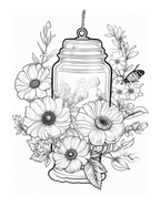 Black and white illustration of a jar with flowers and leaves on a white background