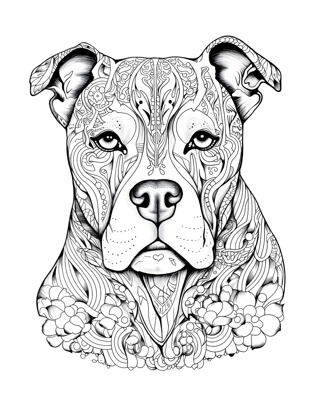 Detailed black and white illustration of a dog's face with intricate patterns on a white background