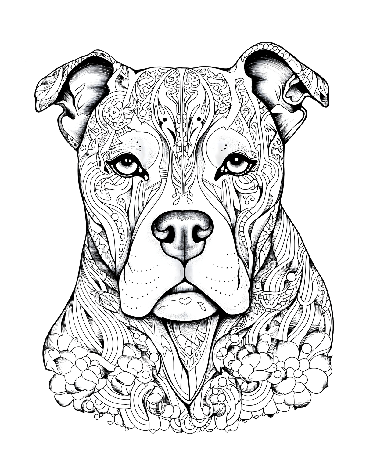 Detailed black and white illustration of a dog's face with intricate patterns on a white background
