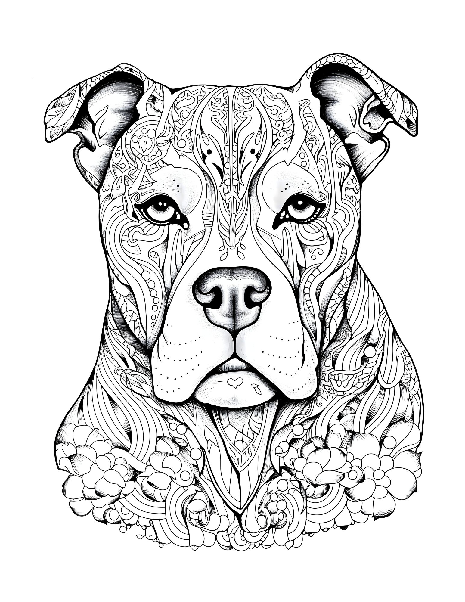 Detailed black and white illustration of a dog's face with intricate patterns on a white background