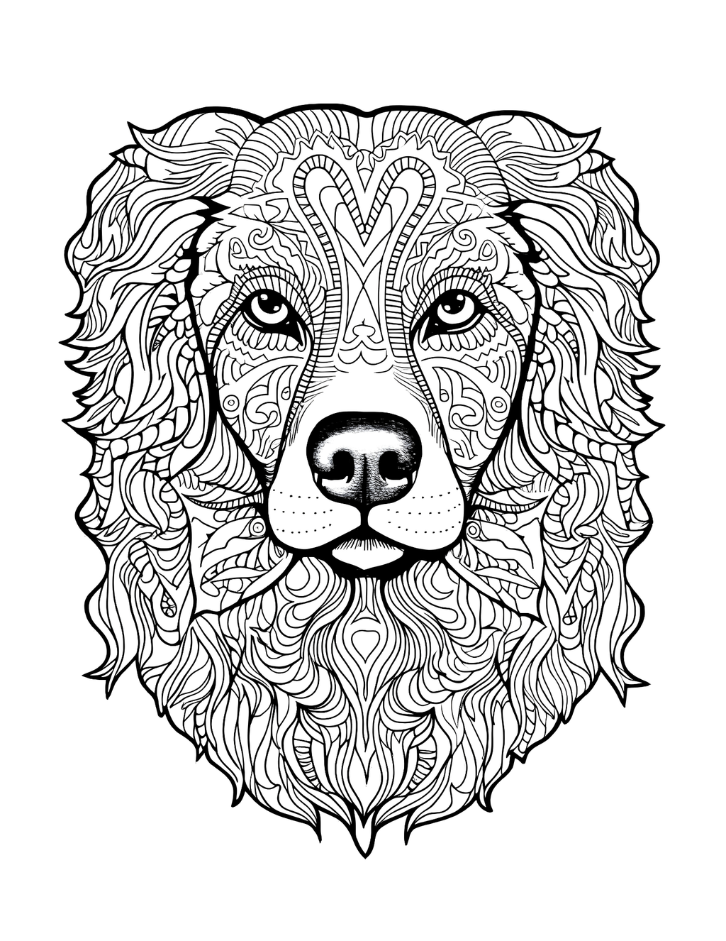 Black and white intricate design of a dog's head on a white background