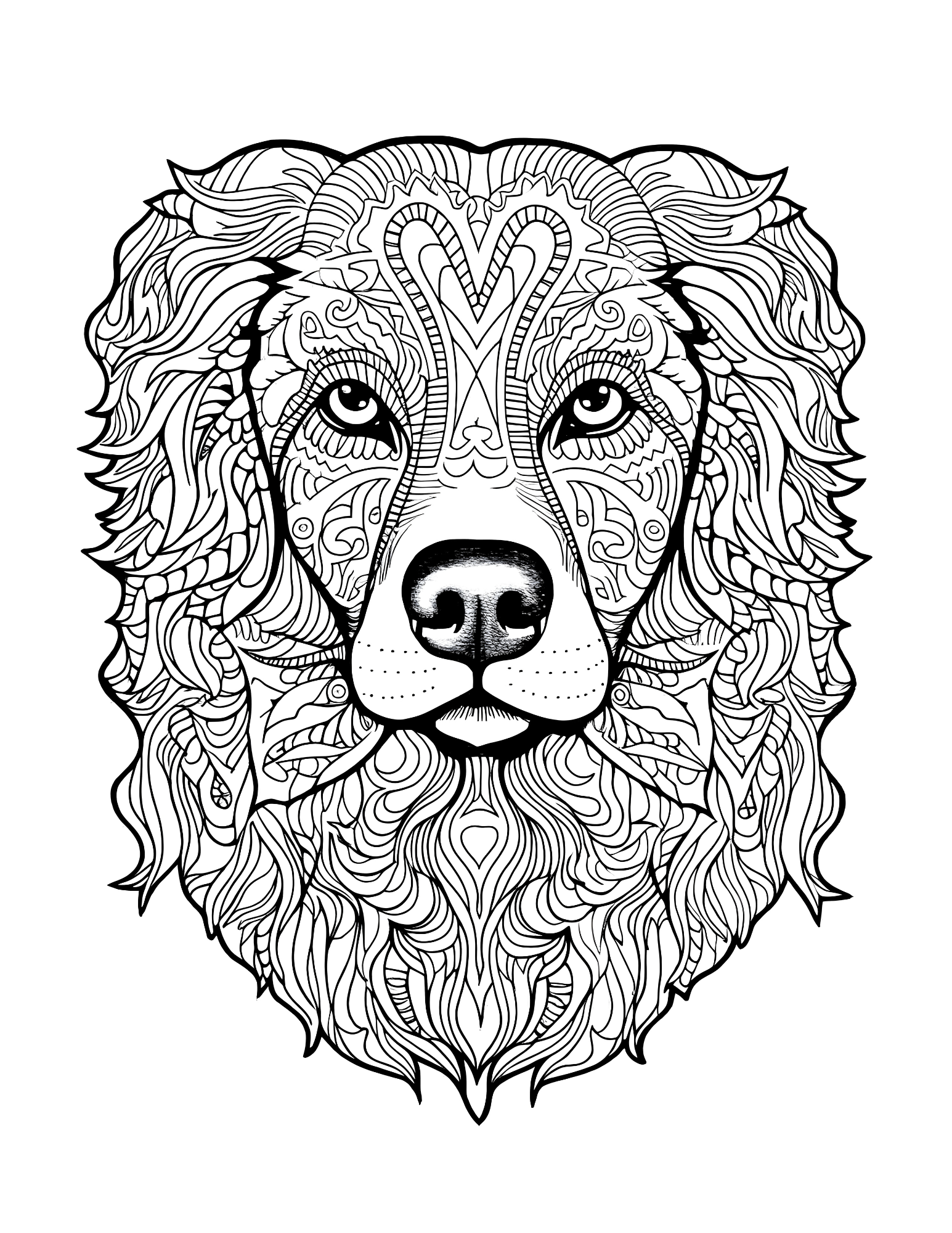 Black and white intricate design of a dog's head on a white background