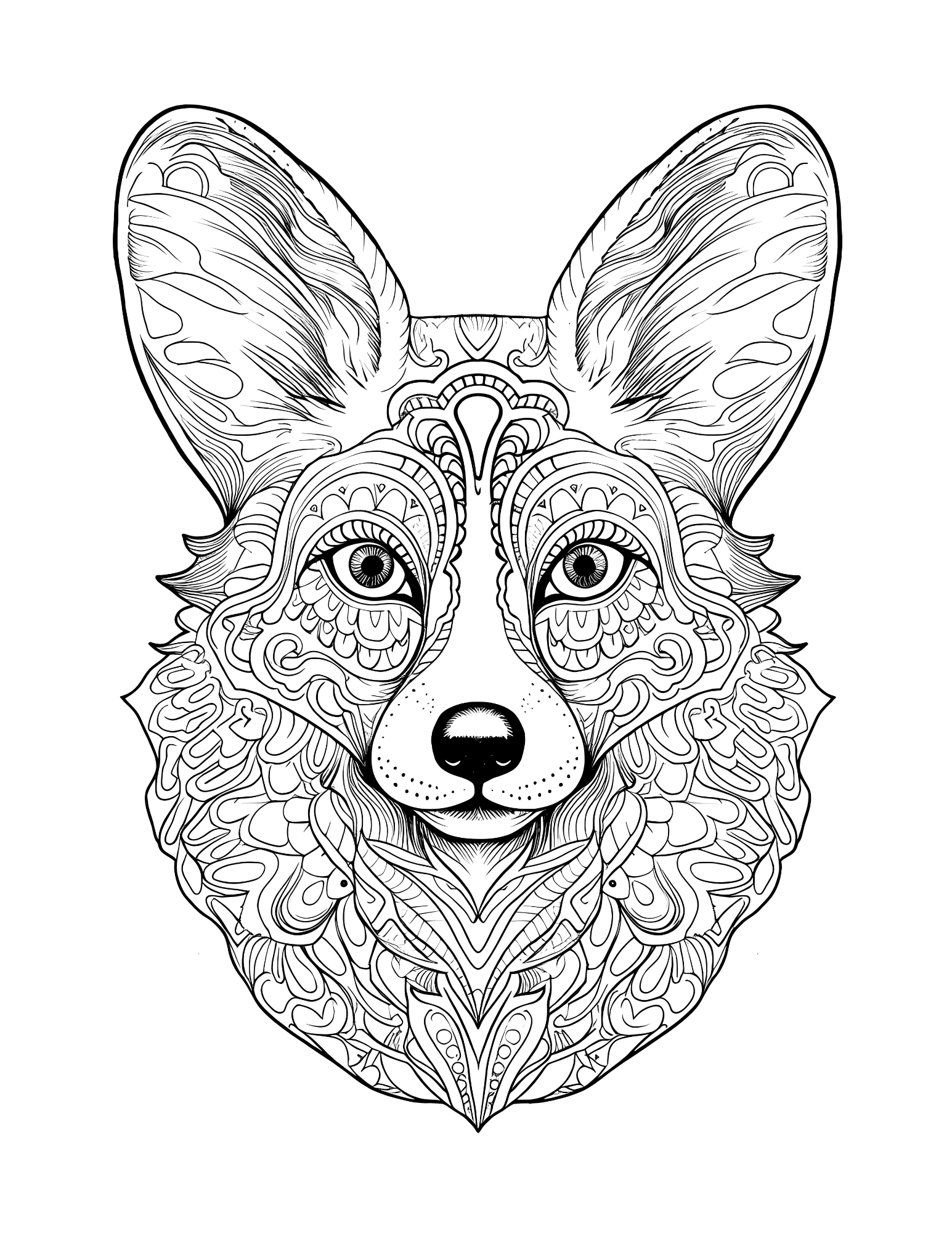 Detailed black and white illustration of a dog's face on a white background