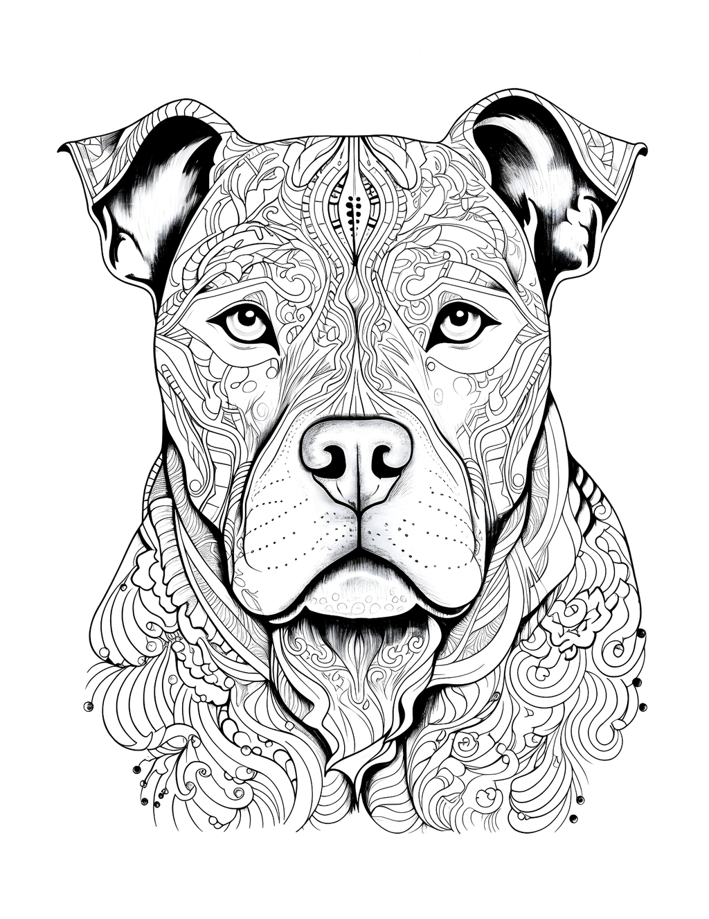 Black and white line drawing of a dog's face with intricate patterns