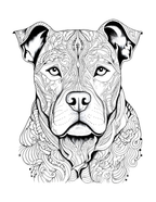 Black and white line drawing of a dog's face with intricate patterns