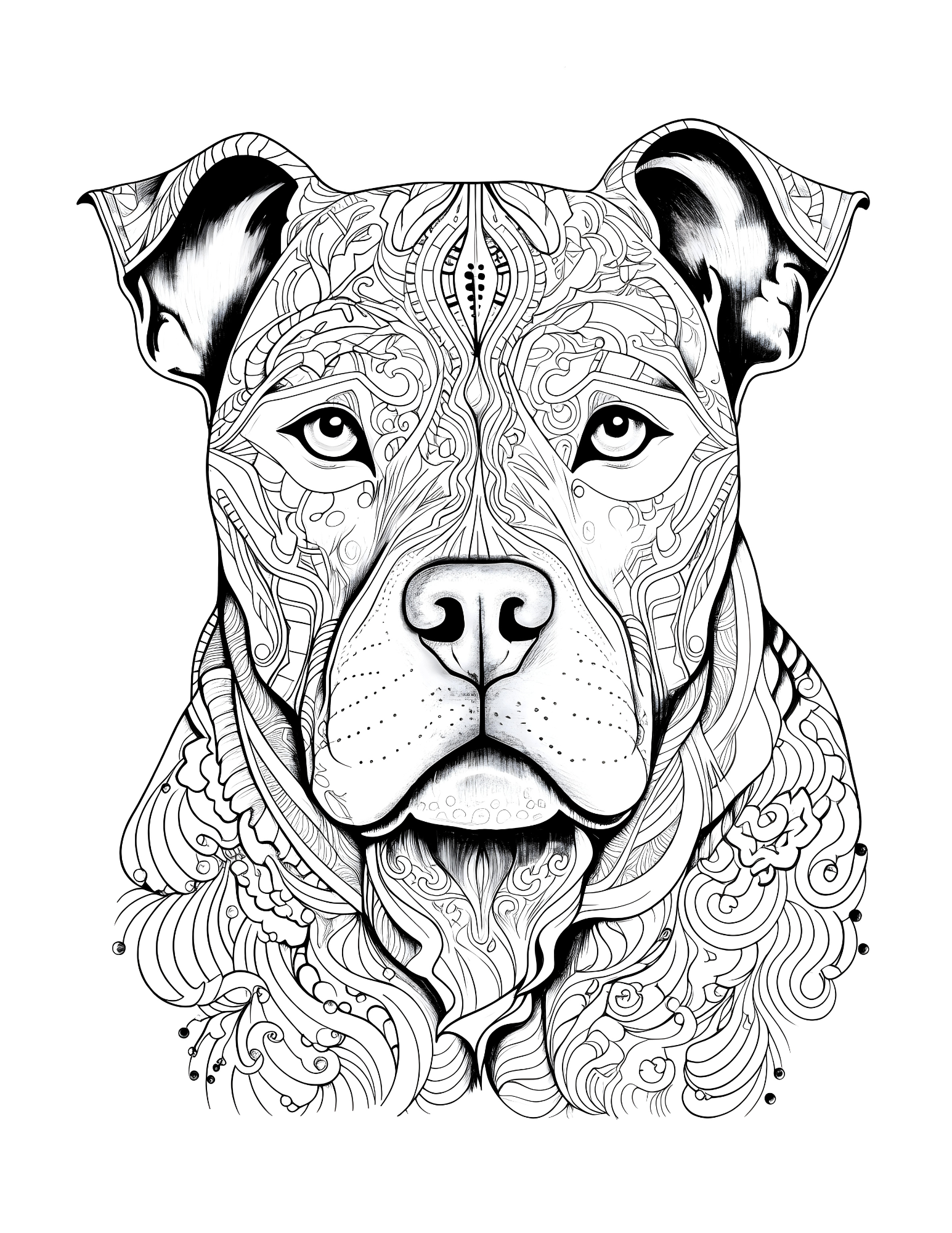 Black and white line drawing of a dog's face with intricate patterns