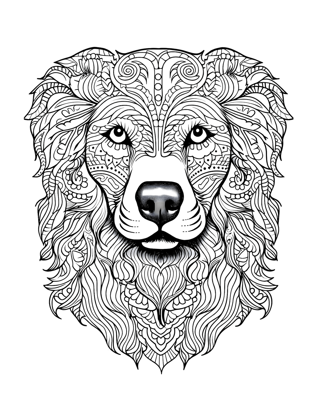 Black and white intricate design of a dog's head on a white background