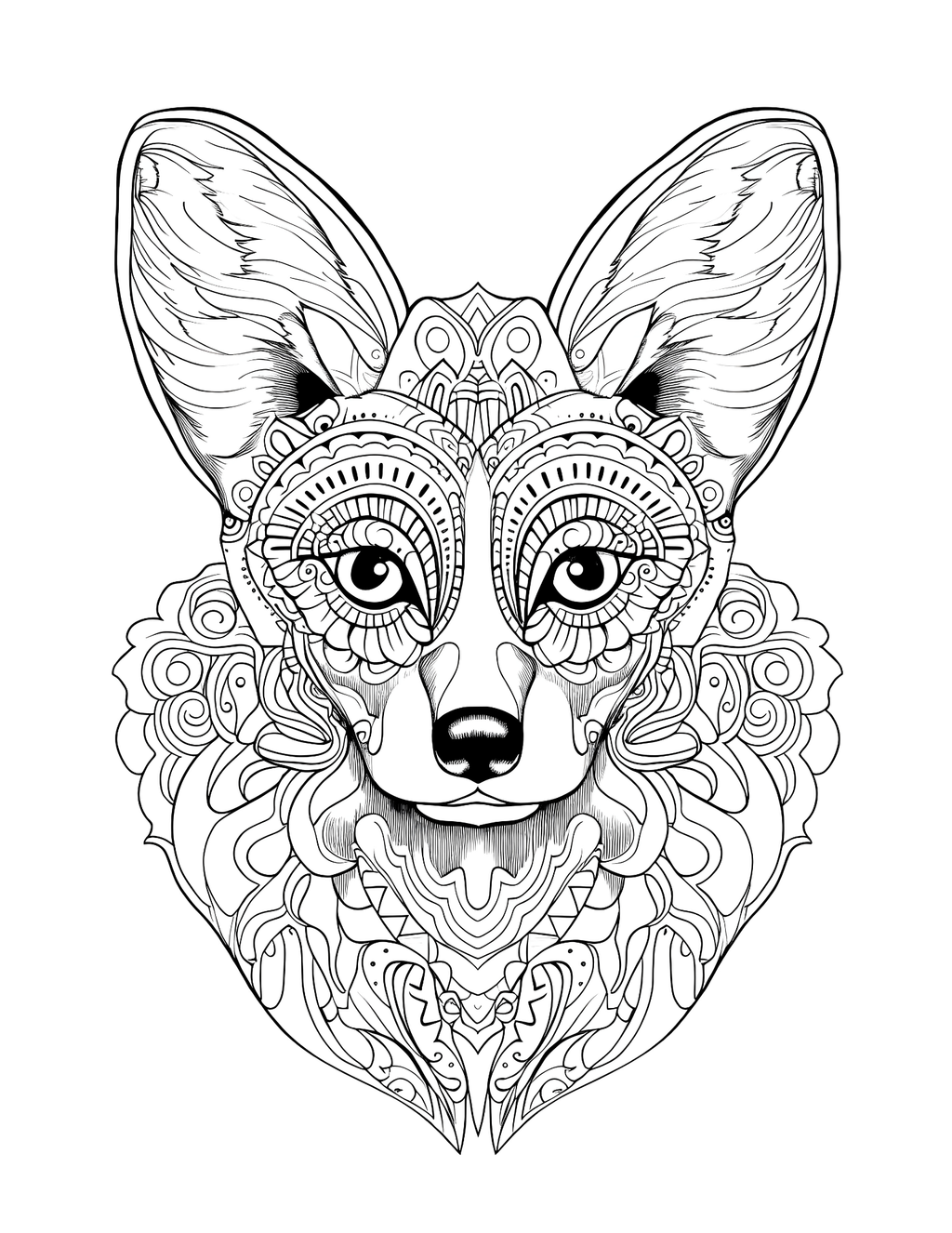 Black and white intricate design of a dog's face on a white background