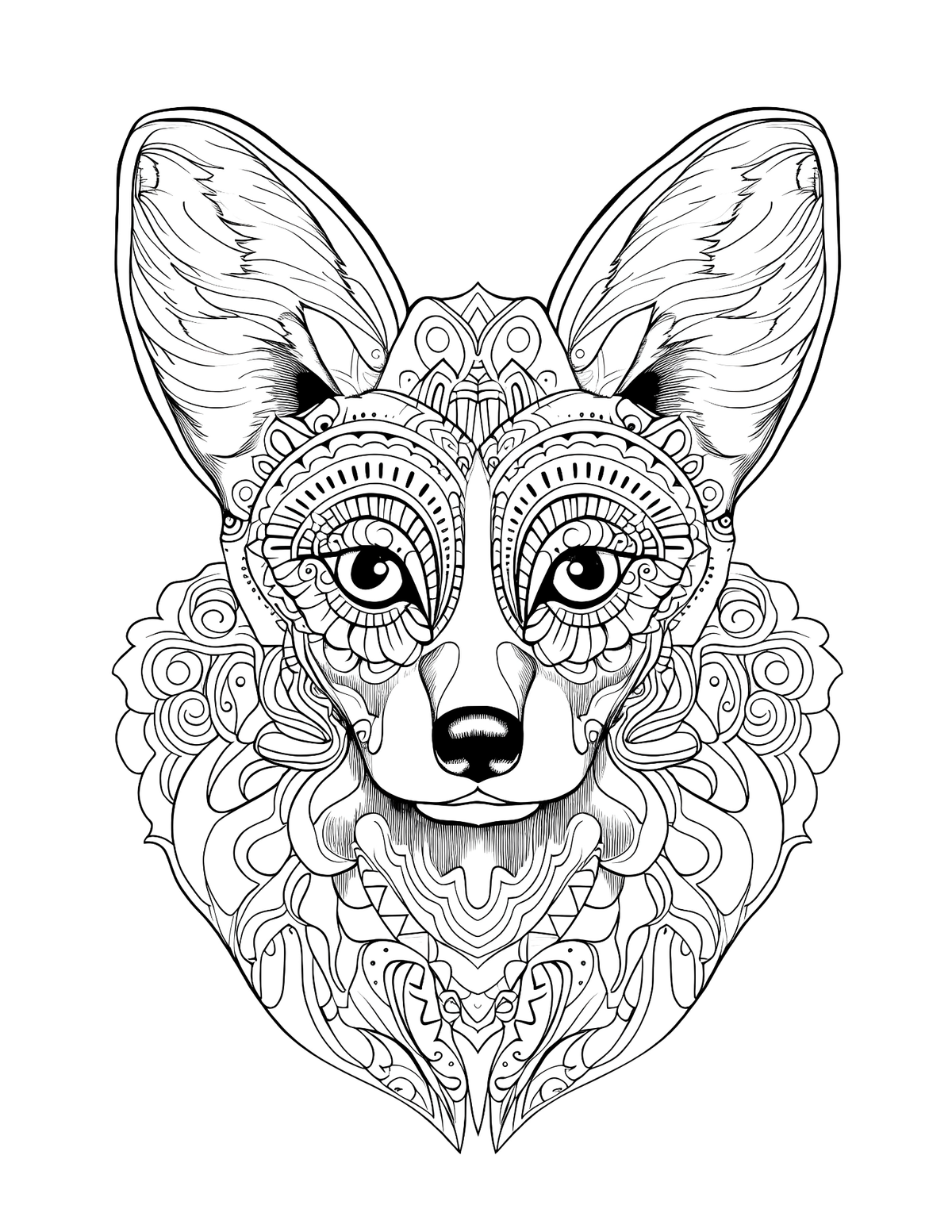 Black and white intricate design of a dog's face on a white background