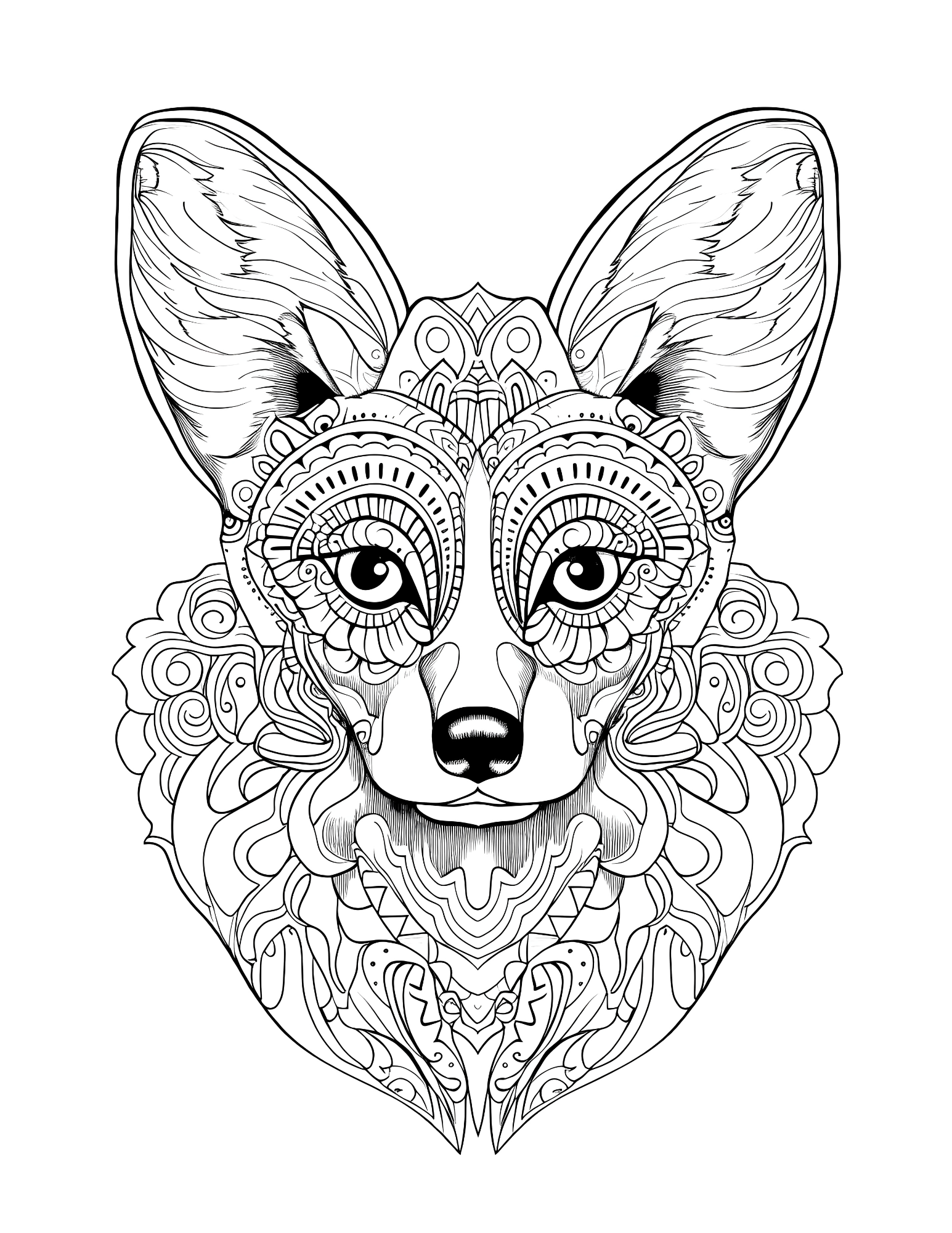 Black and white intricate design of a dog's face on a white background