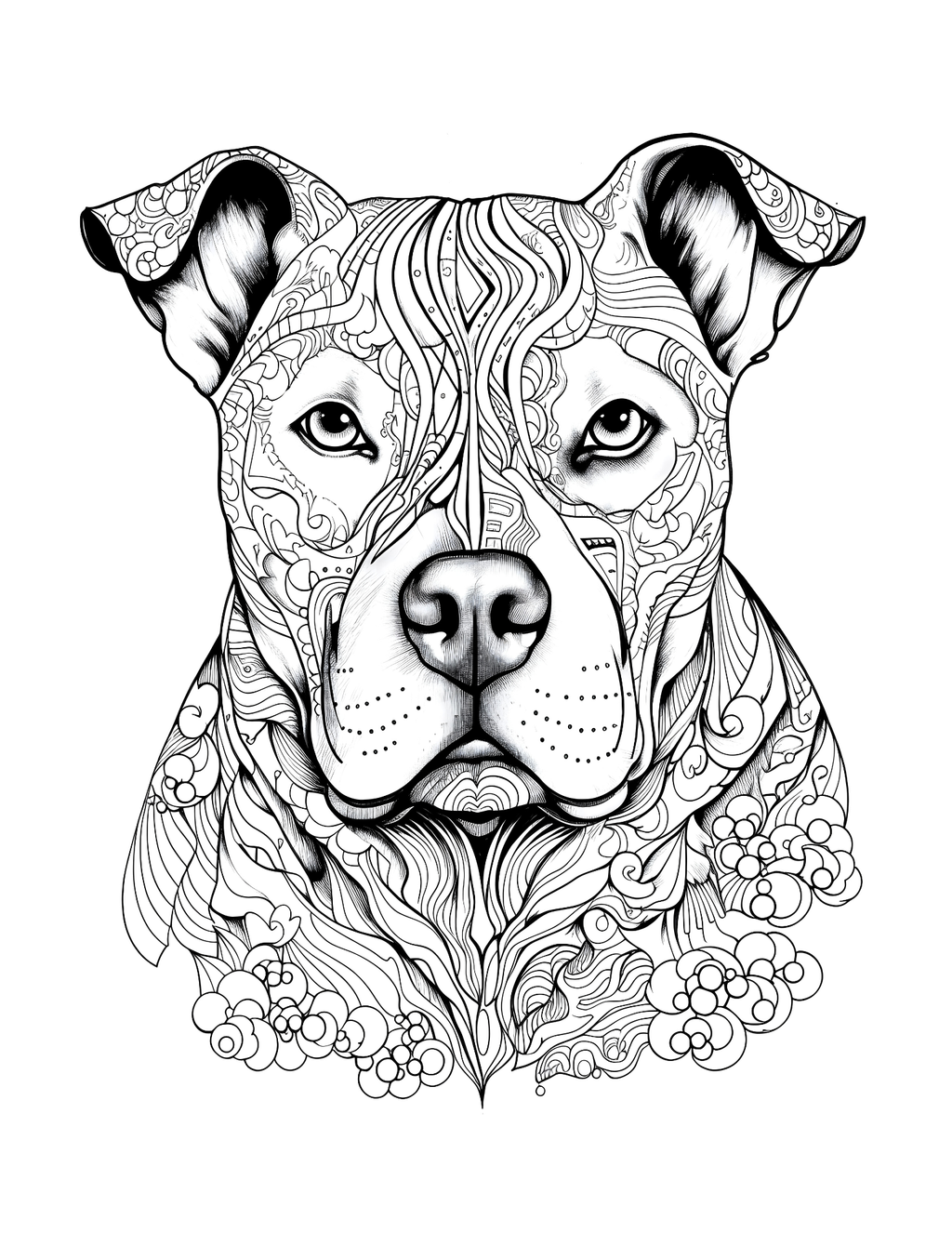 Black and white line drawing of a dog's face with intricate patterns