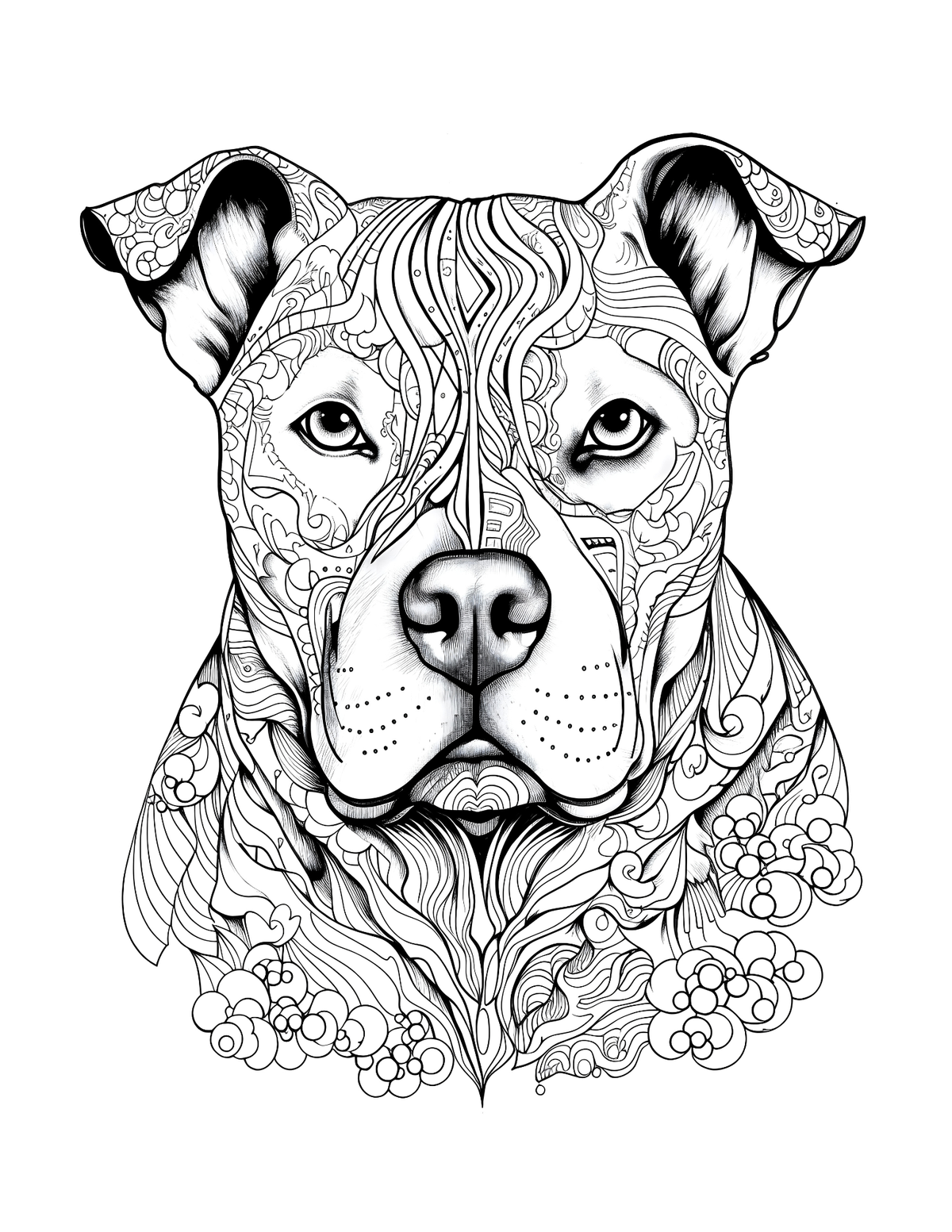 Black and white line drawing of a dog's face with intricate patterns