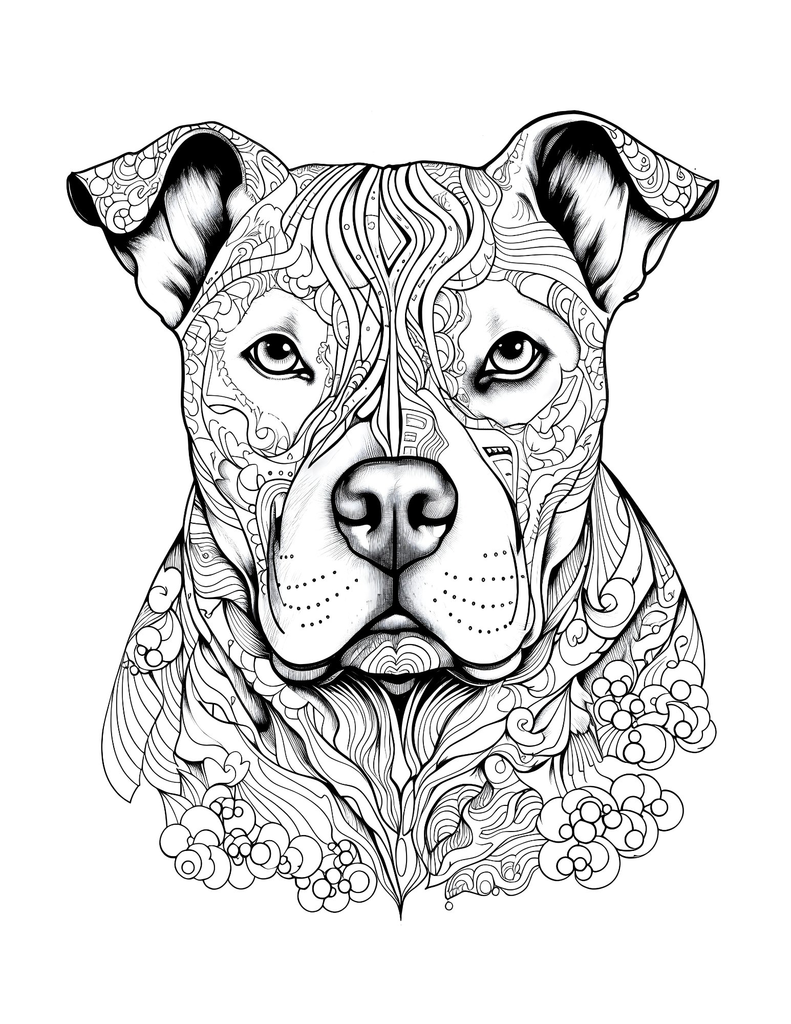Black and white line drawing of a dog's face with intricate patterns