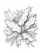 Black and white illustration of holly leaves and berries on a white background