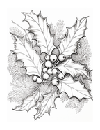 Black and white illustration of holly leaves and berries on a white background
