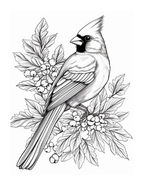 Black and white illustration of a cardinal bird perched on branches with berries