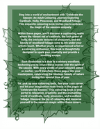 Text describing a colouring book on a green background with decorative elements.