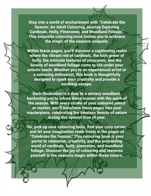 Text describing a colouring book on a green background with decorative elements.