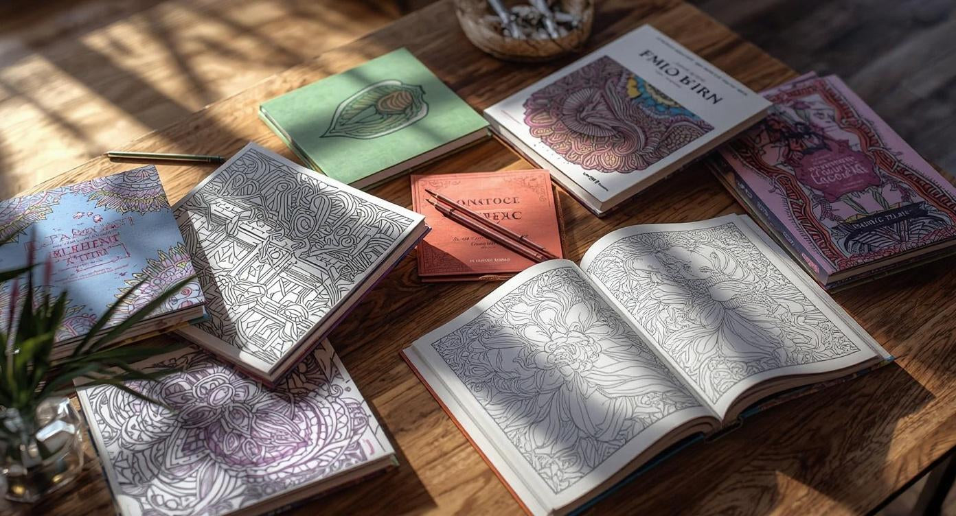 Coloring books with intricate designs on a wooden table
