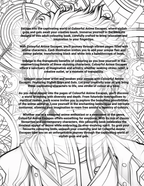 Coloring book page with text and anime character design