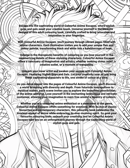 Coloring book page with text and anime character design