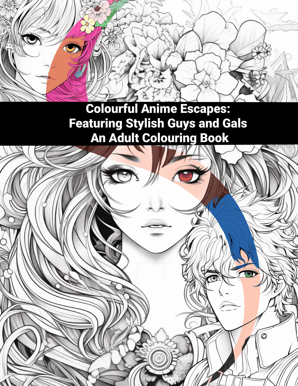 Adult coloring book with anime-style illustrations of stylized characters and flowers.
