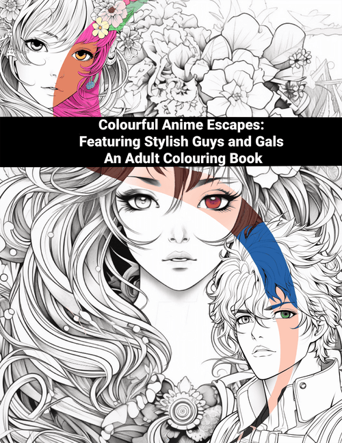 Adult coloring book with anime-style illustrations of stylized characters and flowers.
