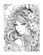 Black and white illustration of a woman with flowers in her hair on a white background