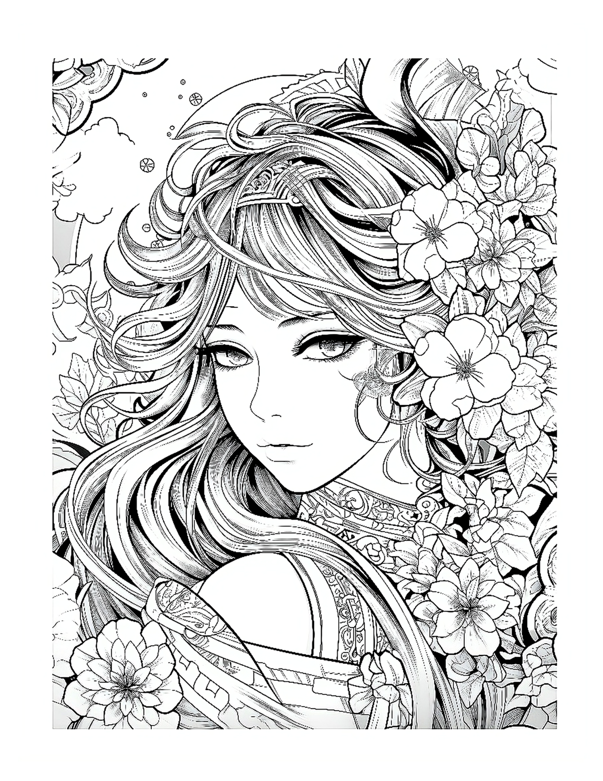Black and white illustration of a woman with flowers in her hair on a white background