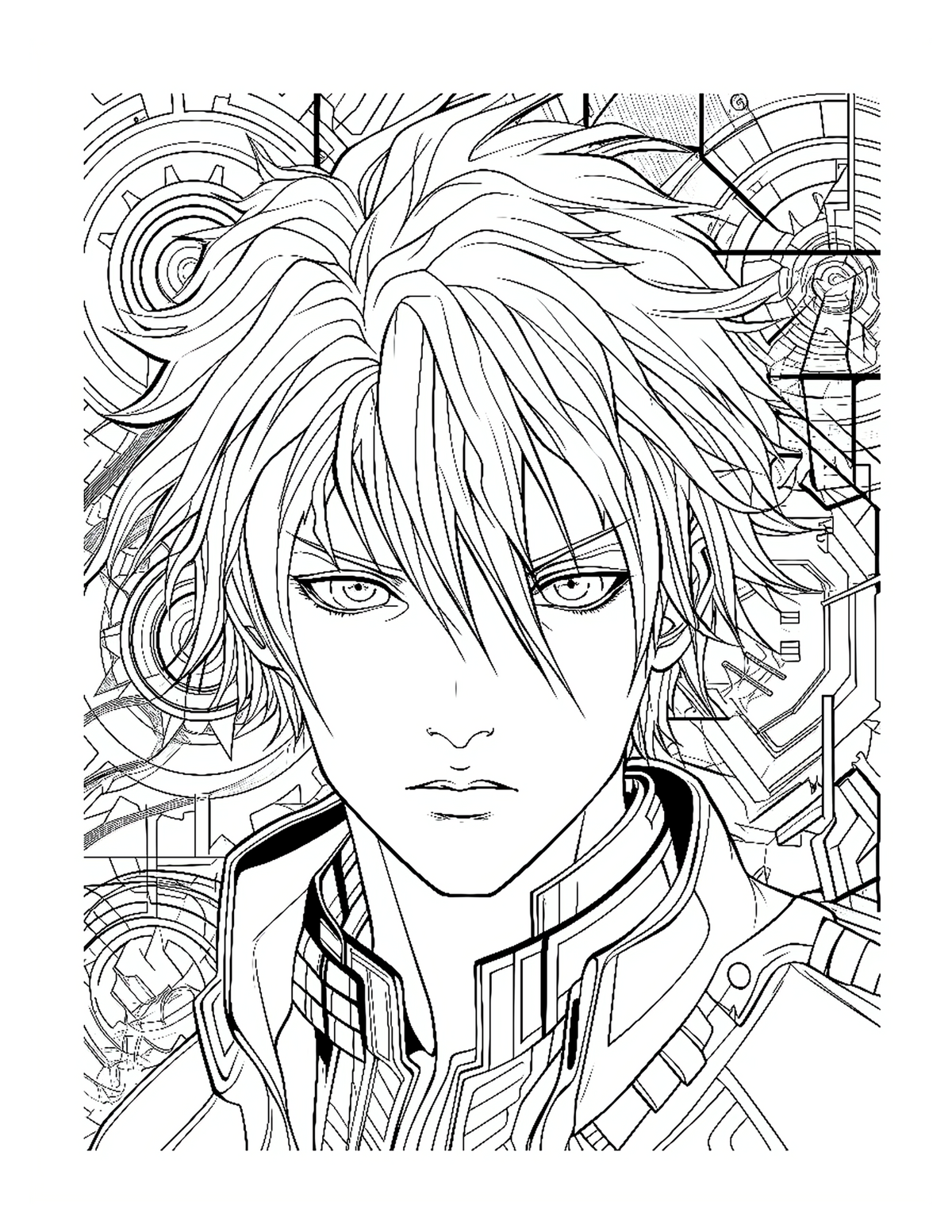 Line art of a character with intricate patterns