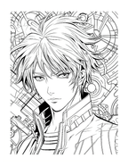 Line art of a character with intricate designs in the background