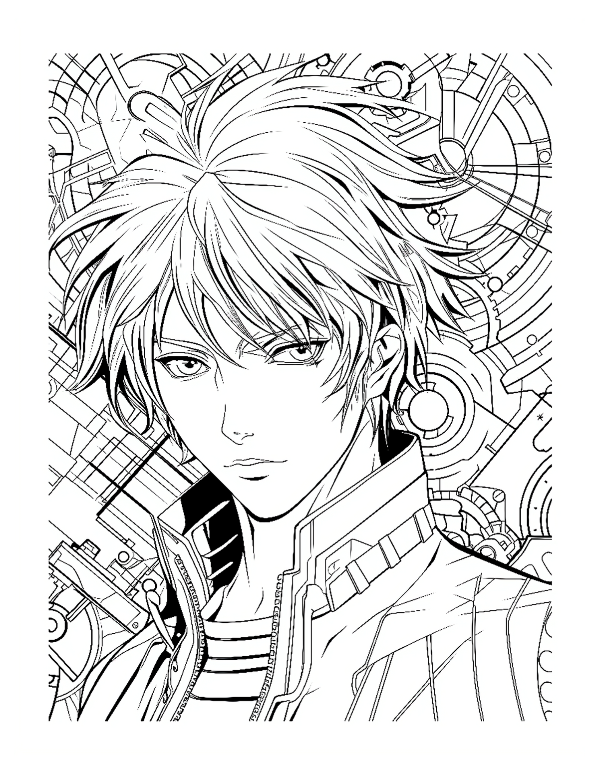 Line art of a character with intricate designs in the background