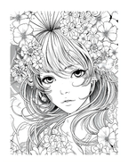 Black and white illustration of a woman's face with floral elements on a white background