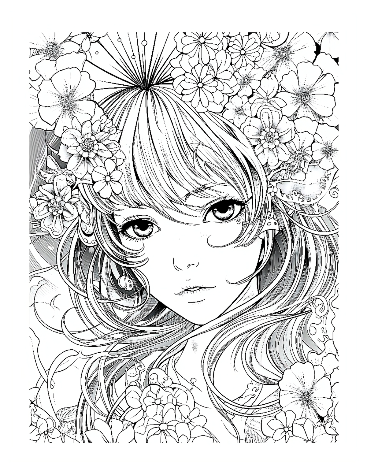 Black and white illustration of a woman's face with floral elements on a white background