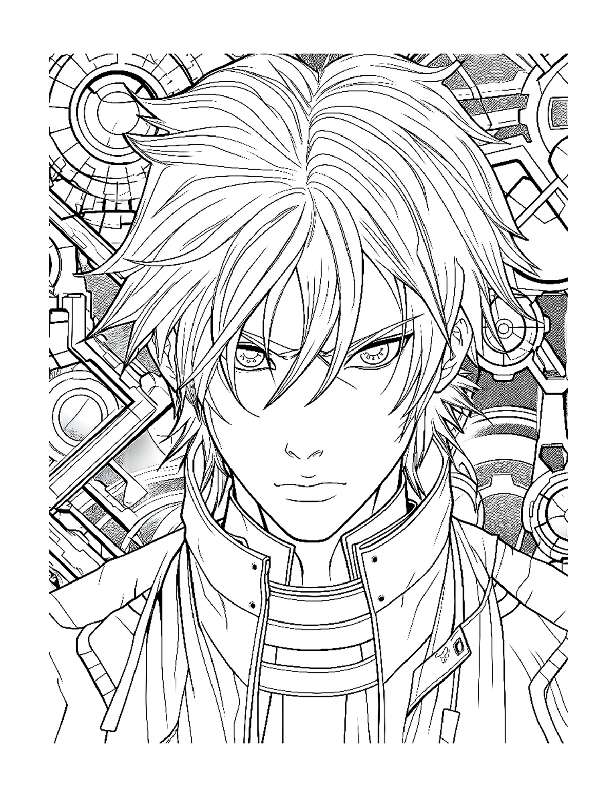 Line art of an anime-style character with intricate background