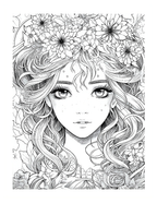 Black and white illustration of a woman's face with floral hair accessories on a white background