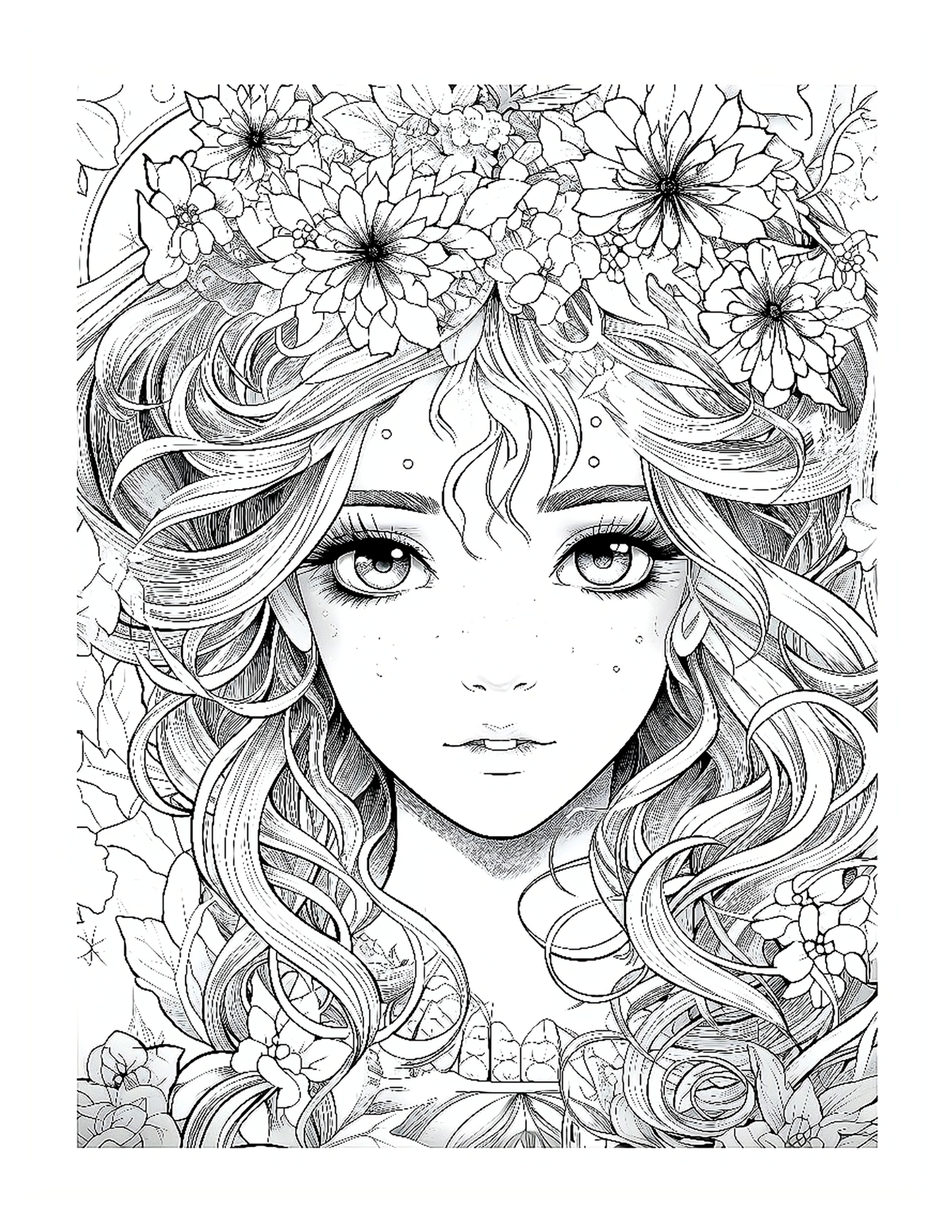 Black and white illustration of a woman's face with floral hair accessories on a white background