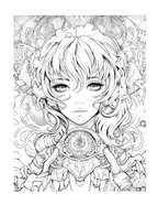 Black and white line art of a stylized girl with intricate patterns