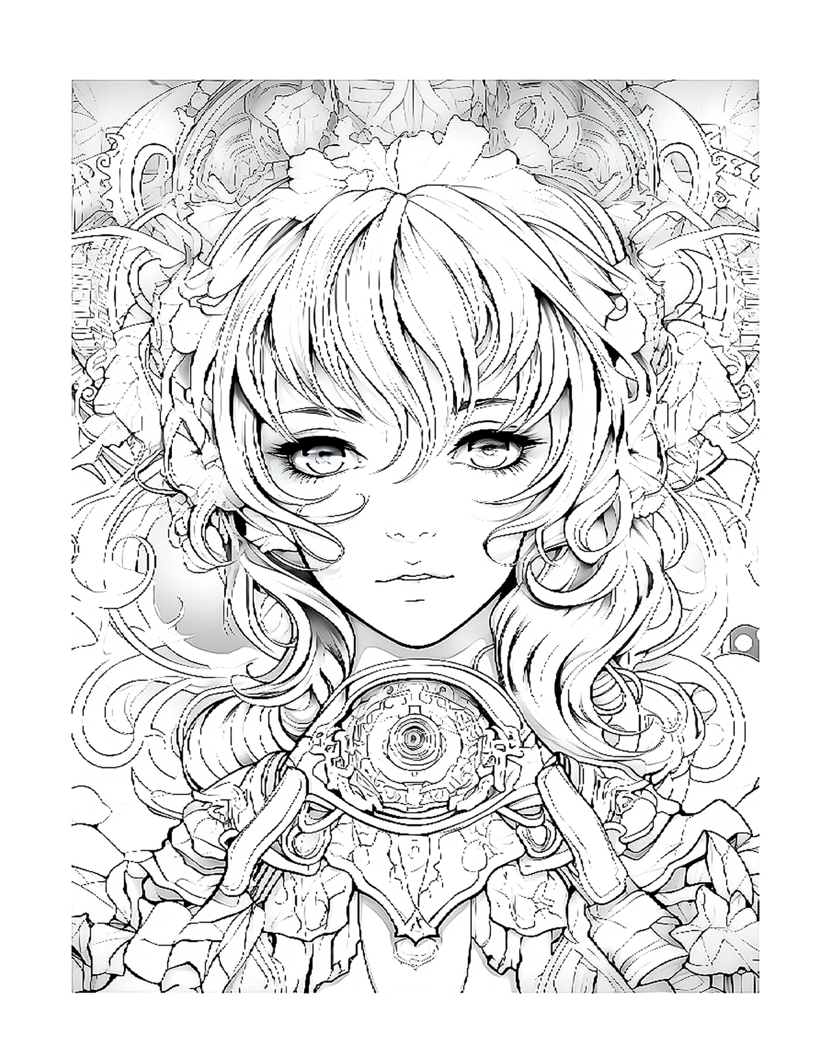 Black and white line art of a stylized girl with intricate patterns