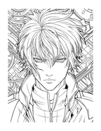 Line art of a character with intricate patterns in the background