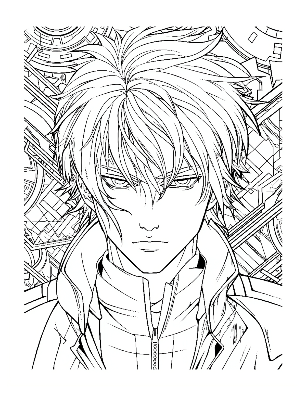 Line art of a character with intricate patterns in the background