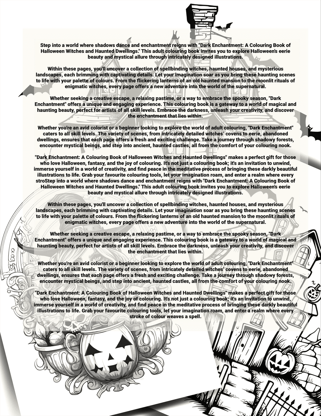 Page from a 'Dark Enchantment' coloring book with Halloween-themed illustrations and text.
