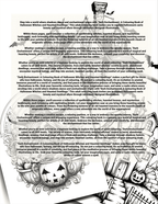 Page from a 'Dark Enchantment' coloring book with Halloween-themed illustrations and text.