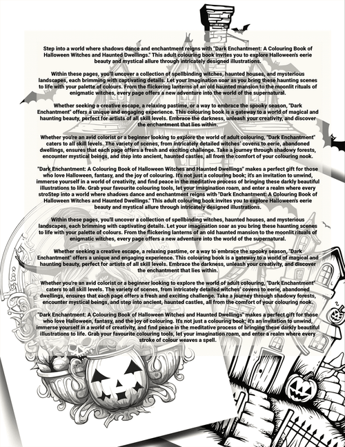 Page from a 'Dark Enchantment' coloring book with Halloween-themed illustrations and text.