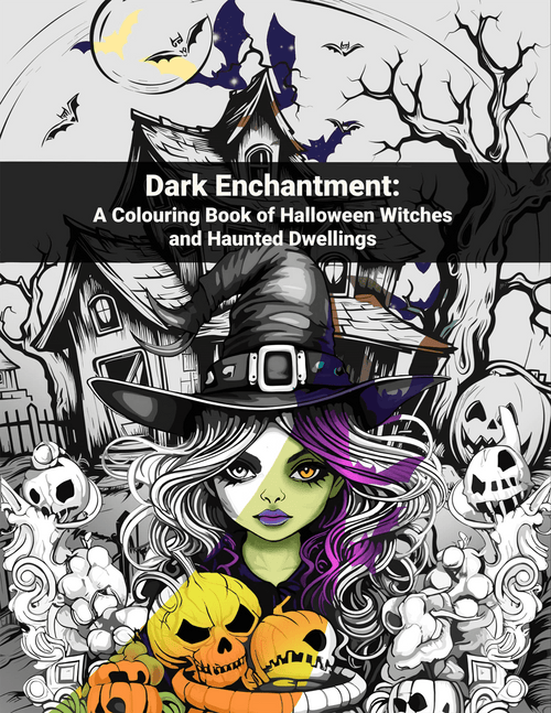 Cover of 'Dark Enchantment' coloring book with a witch and Halloween-themed design.