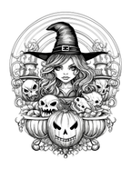 Black and white illustration of a witch with pumpkins and skulls