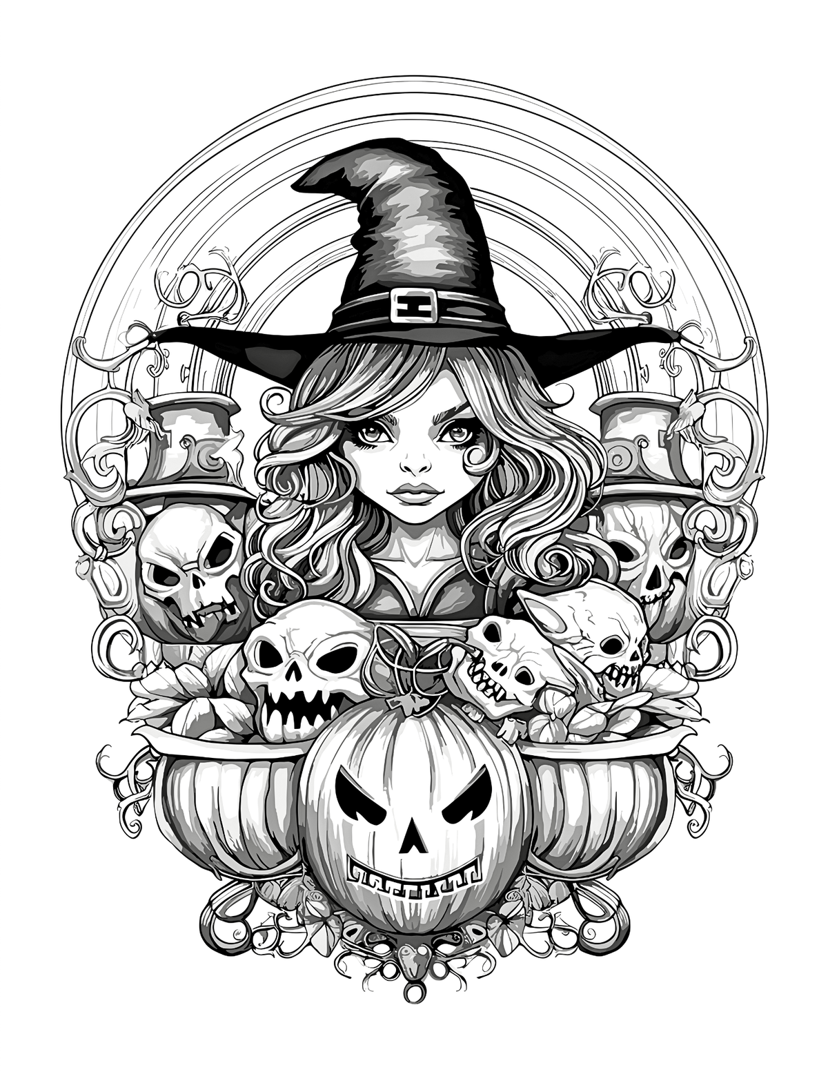 Black and white illustration of a witch with pumpkins and skulls